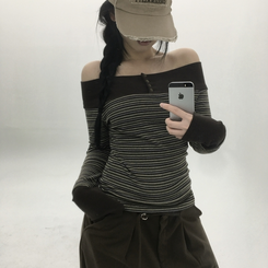 ストライプボタンTシャツ GREY