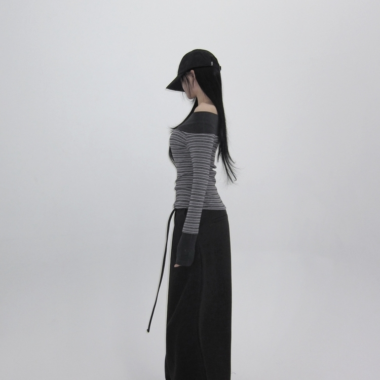 ストライプボタンTシャツ GREY