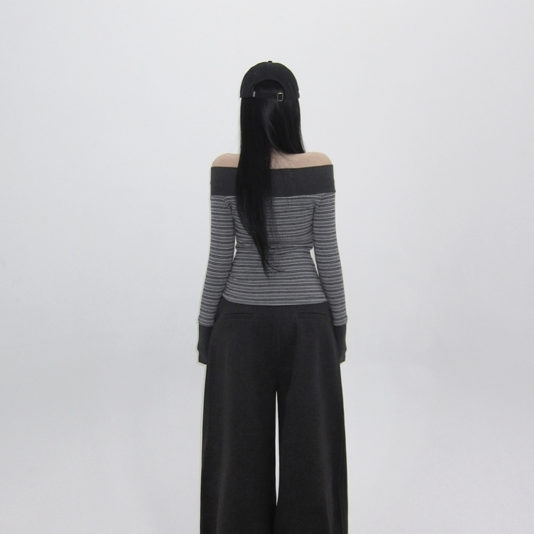 ストライプボタンTシャツ GREY