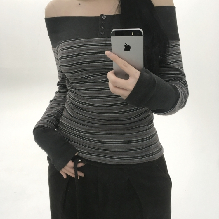 ストライプボタンTシャツ GREY