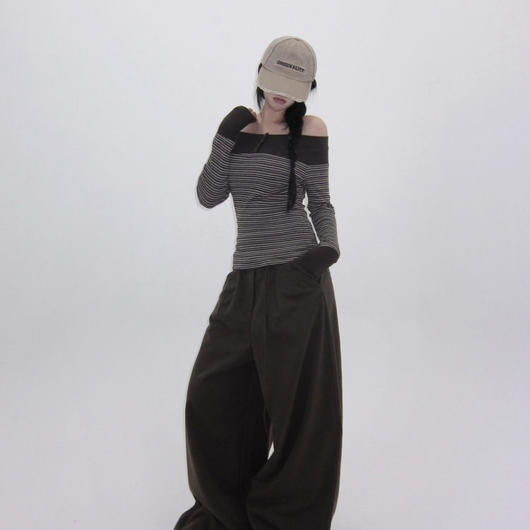 ストライプボタンTシャツ GREY