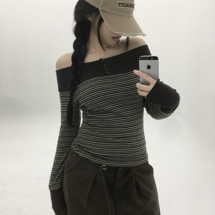 ストライプボタンTシャツ GREY
