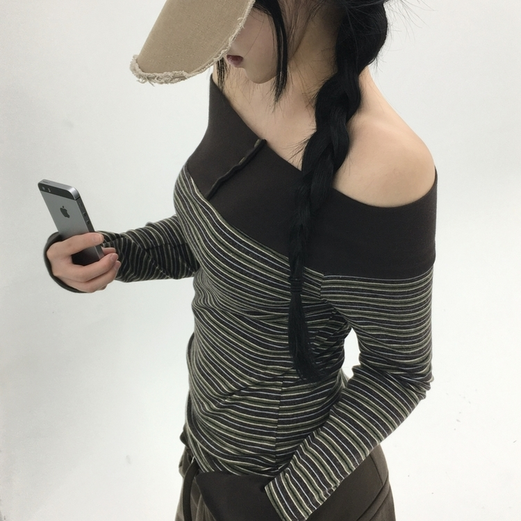 ストライプボタンTシャツ GREY