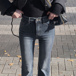 【起毛】スリムセミブーツカットデニムパンツ DEEP DENIM