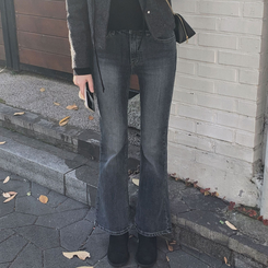 【起毛】スリムセミブーツカットデニムパンツ DEEP DENIM