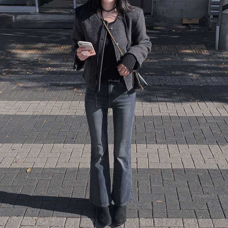 【起毛】スリムセミブーツカットデニムパンツ DEEP DENIM