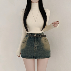 【起毛】リブミンクタートルネック長袖Tシャツ BEIGE