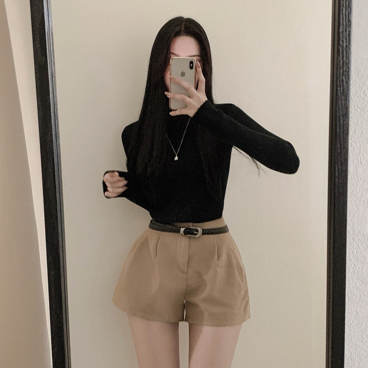 【起毛】リブミンクタートルネック長袖Tシャツ BLACK