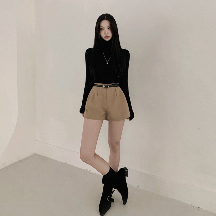 【起毛】リブミンクタートルネック長袖Tシャツ BLACK