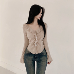 フリルシャーリング長袖Tシャツ BEIGE