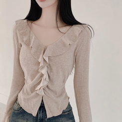 フリルシャーリング長袖Tシャツ BEIGE