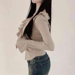 フリルシャーリング長袖Tシャツ BEIGE