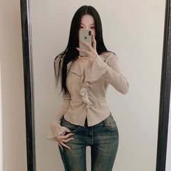 フリルシャーリング長袖Tシャツ BEIGE