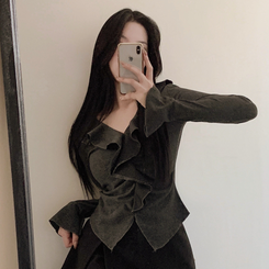 フリルシャーリング長袖Tシャツ BLACK