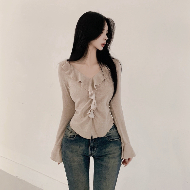 フリルシャーリング長袖Tシャツ BEIGE