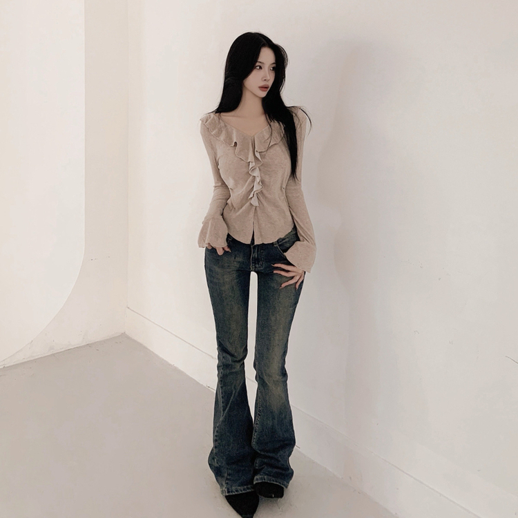 フリルシャーリング長袖Tシャツ BEIGE