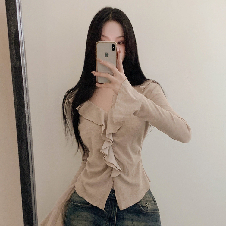 フリルシャーリング長袖Tシャツ BEIGE