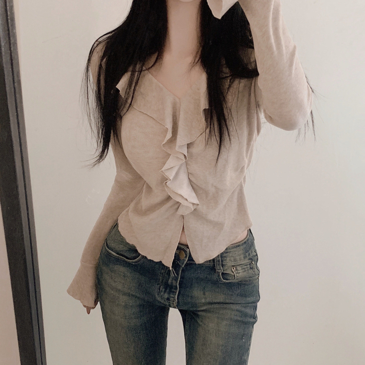 フリルシャーリング長袖Tシャツ BEIGE