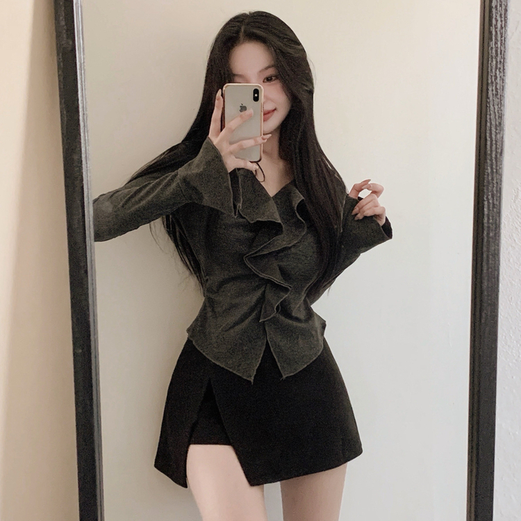 フリルシャーリング長袖Tシャツ BLACK