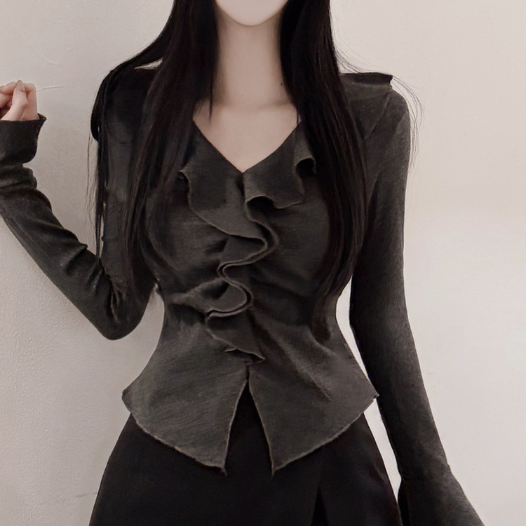 フリルシャーリング長袖Tシャツ BLACK