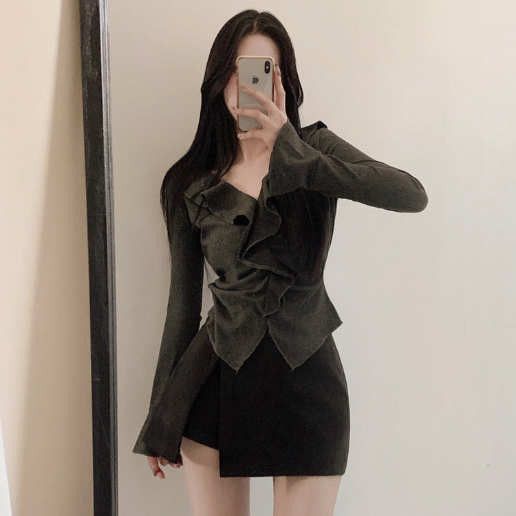 フリルシャーリング長袖Tシャツ BLACK