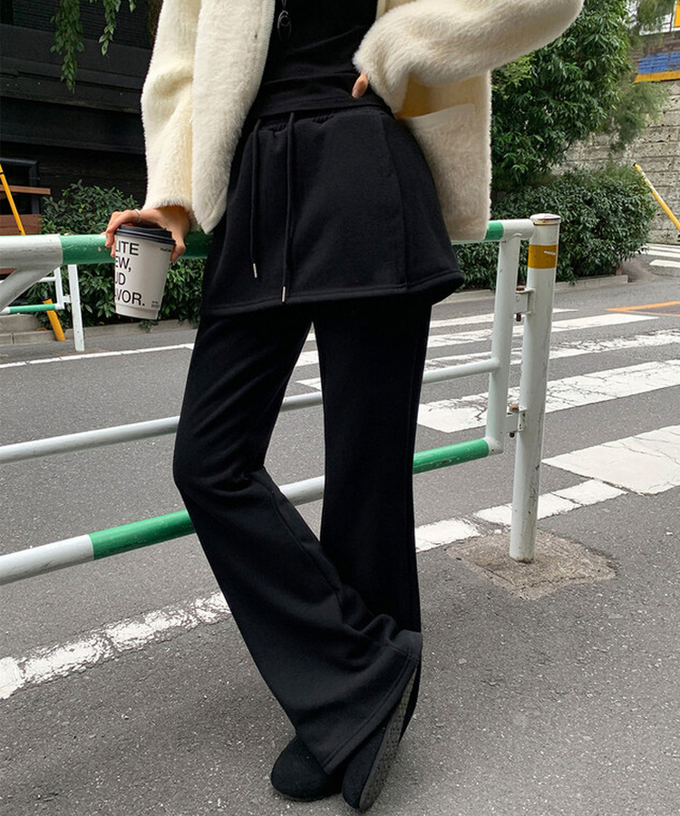 【起毛】ラップスカートブーツカットバンディングパンツ BLACK