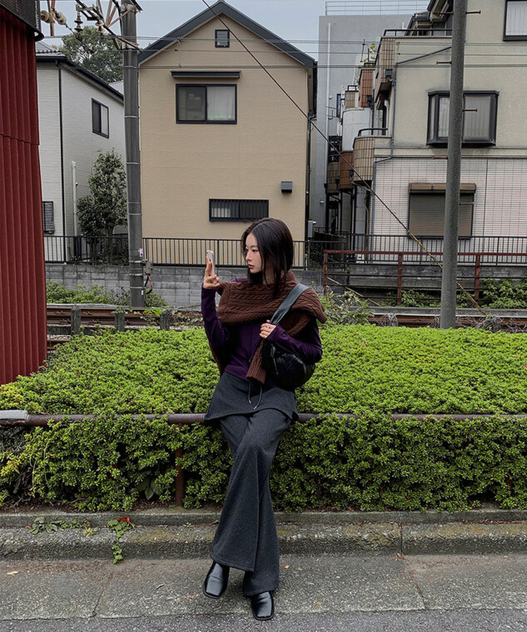 【起毛】ラップスカートブーツカットバンディングパンツ CHARCOAL