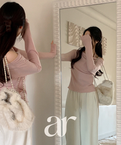 （裏起毛／レイヤード風♥／華奢見えシルエット）裏起毛ドレープホルターネックレイヤード長袖Tシャツ PINK