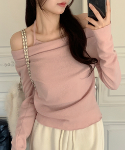 （裏起毛／レイヤード風♥／華奢見えシルエット）裏起毛ドレープホルターネックレイヤード長袖Tシャツ PINK