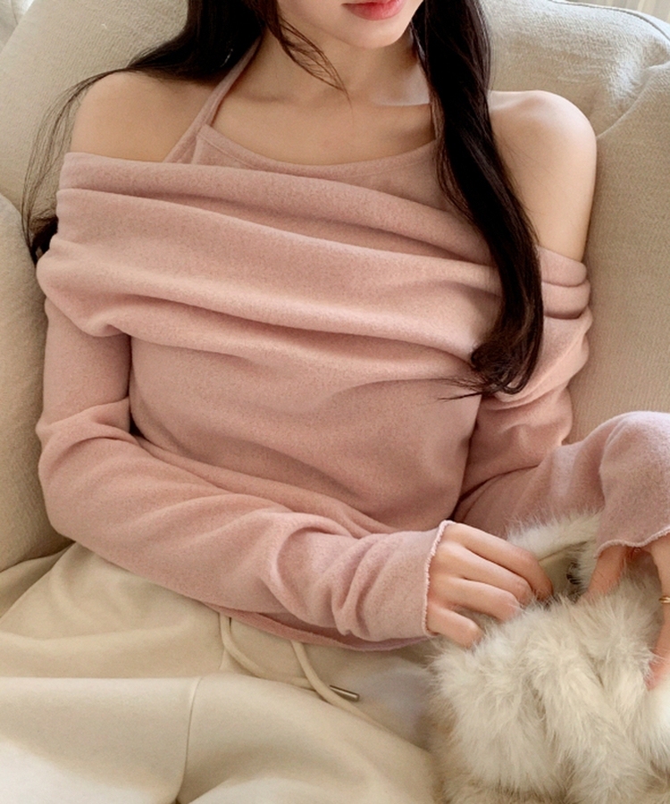 （裏起毛／レイヤード風♥／華奢見えシルエット）裏起毛ドレープホルターネックレイヤード長袖Tシャツ PINK