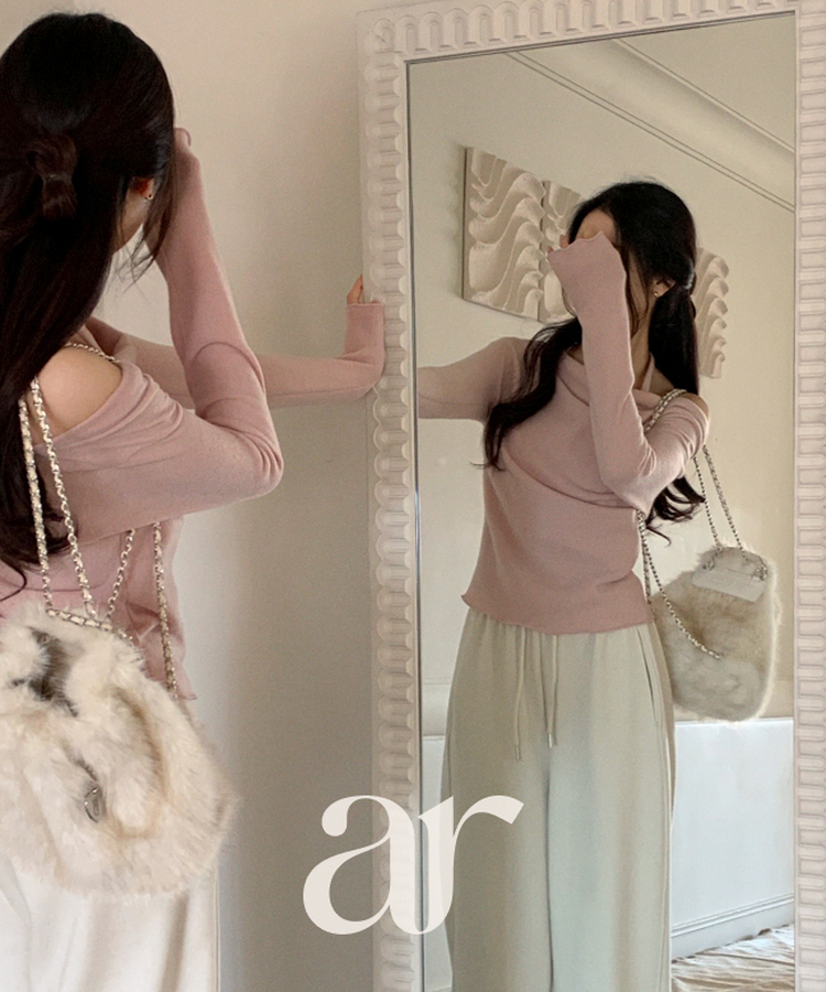 （裏起毛／レイヤード風♥／華奢見えシルエット）裏起毛ドレープホルターネックレイヤード長袖Tシャツ PINK