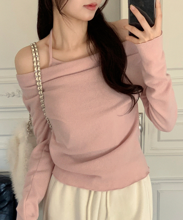 （裏起毛／レイヤード風♥／華奢見えシルエット）裏起毛ドレープホルターネックレイヤード長袖Tシャツ PINK