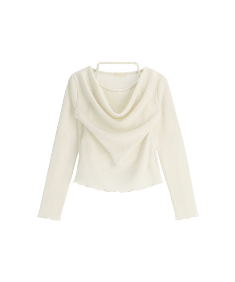 （裏起毛／レイヤード風♥／華奢見えシルエット）裏起毛ドレープホルターネックレイヤード長袖Tシャツ