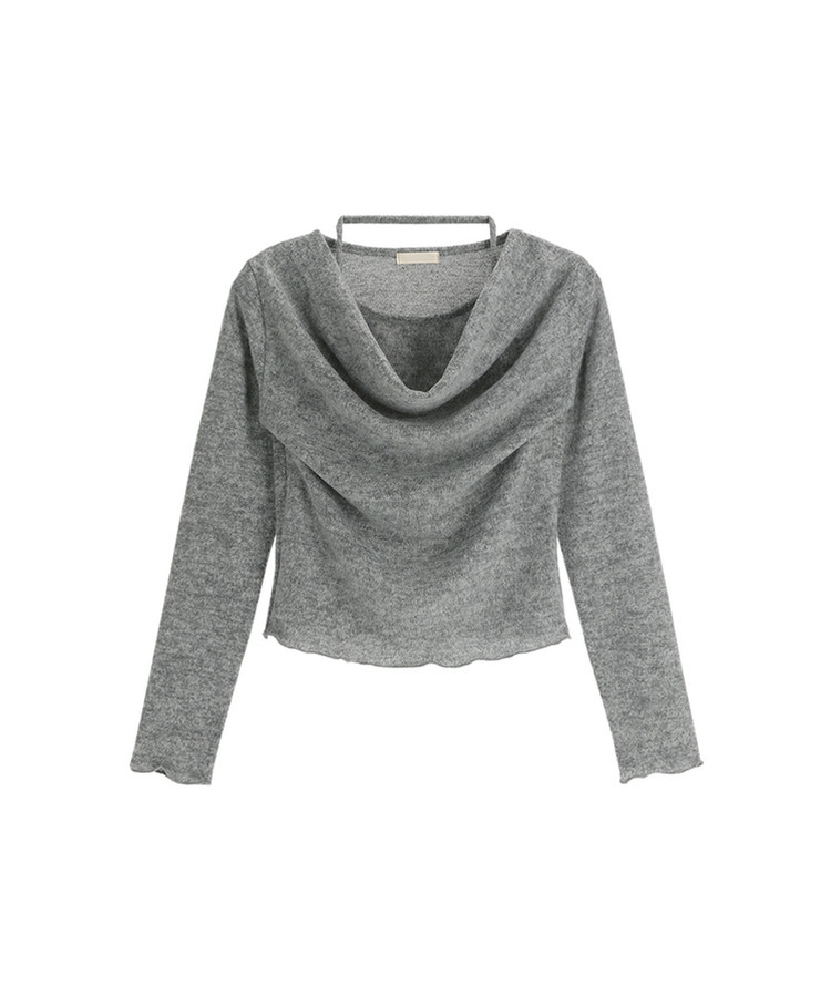 （裏起毛／レイヤード風♥／華奢見えシルエット）裏起毛ドレープホルターネックレイヤード長袖Tシャツ
