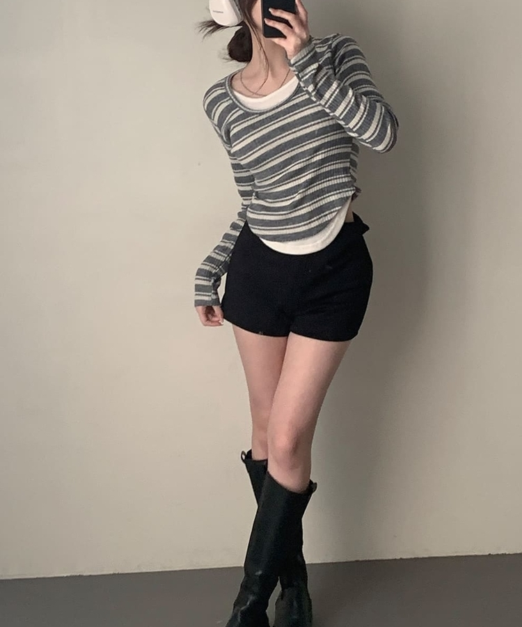 디프 스트라이프 일체형 레이어드 단가라 긴팔티셔츠 t 그레이