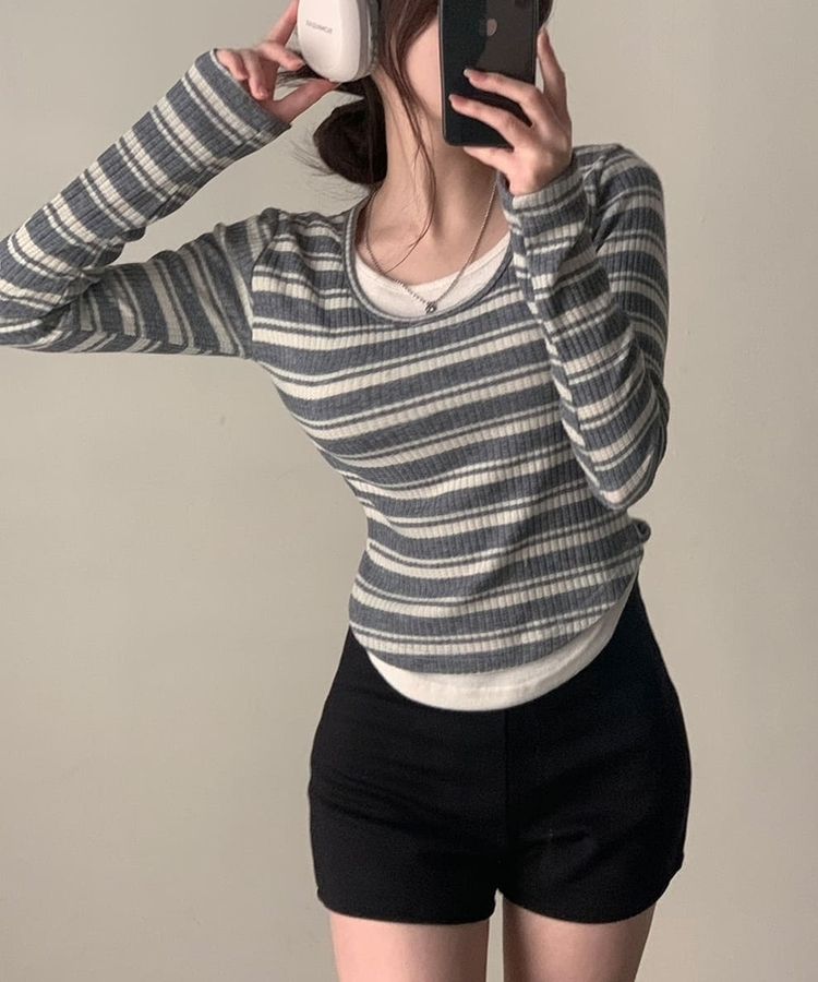 디프 스트라이프 일체형 레이어드 단가라 긴팔티셔츠 t 그레이