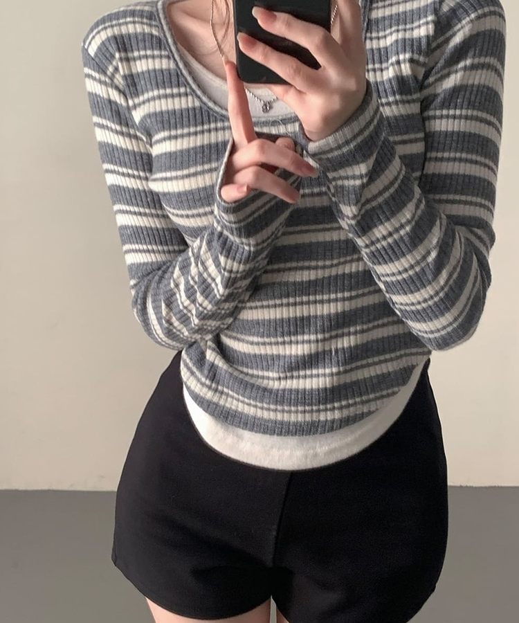 디프 스트라이프 일체형 레이어드 단가라 긴팔티셔츠 t 그레이