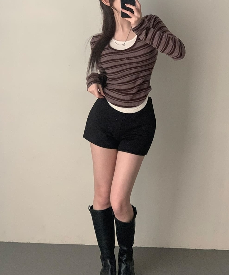 디프 스트라이프 일체형 레이어드 단가라 긴팔티셔츠 t 브라운