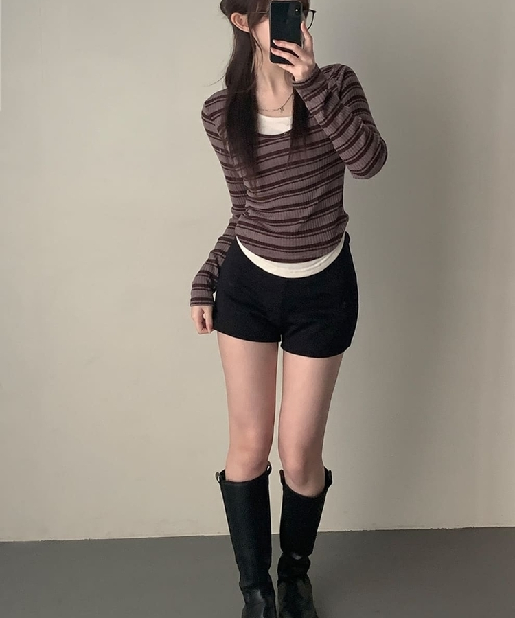 디프 스트라이프 일체형 레이어드 단가라 긴팔티셔츠 t 브라운