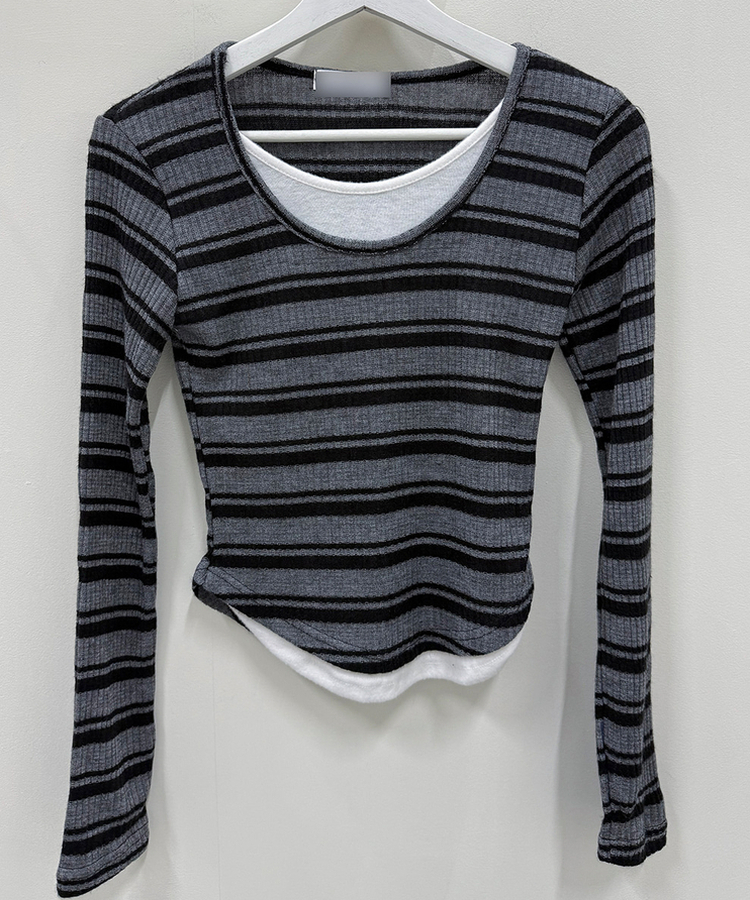디프 스트라이프 일체형 레이어드 단가라 긴팔티셔츠 t