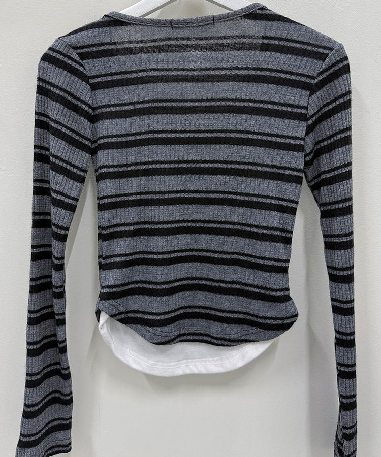 디프 스트라이프 일체형 레이어드 단가라 긴팔티셔츠 t
