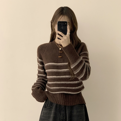 ラウンドデイリーストライプカーディガン BROWN