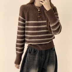 ラウンドデイリーストライプカーディガン BROWN