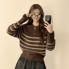 ラウンドデイリーストライプカーディガン BROWN