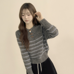 ラウンドデイリーストライプカーディガン GREY