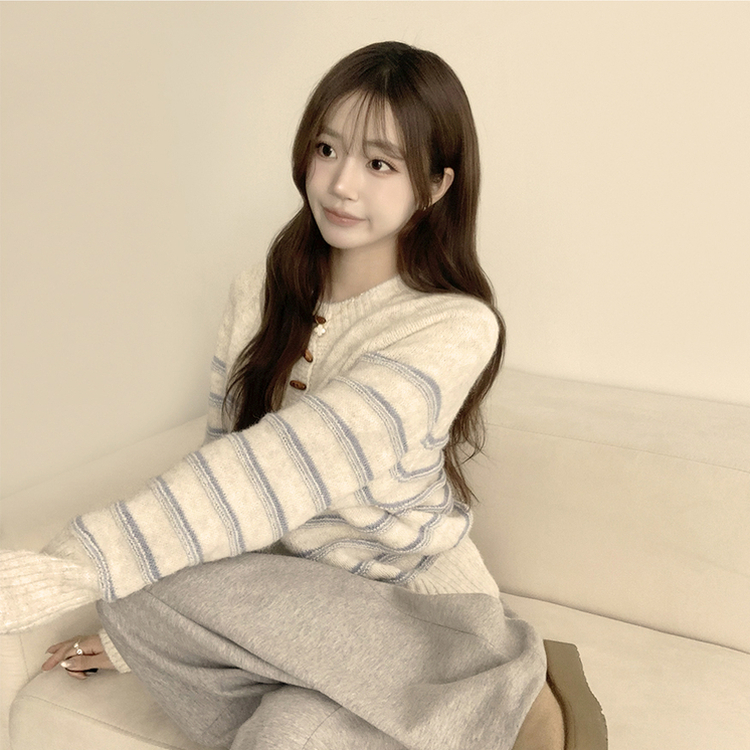 ラウンドデイリーストライプカーディガン IVORY