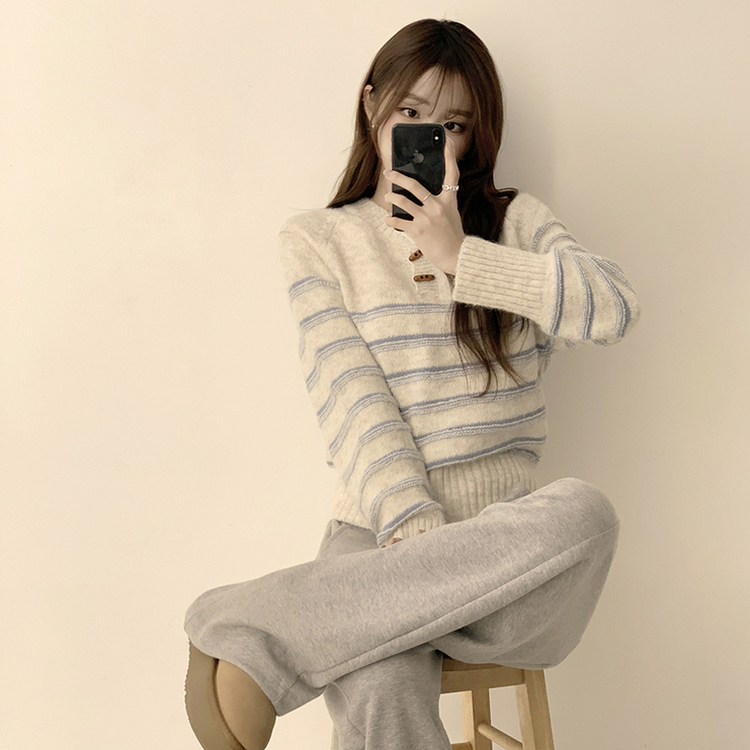 ラウンドデイリーストライプカーディガン IVORY