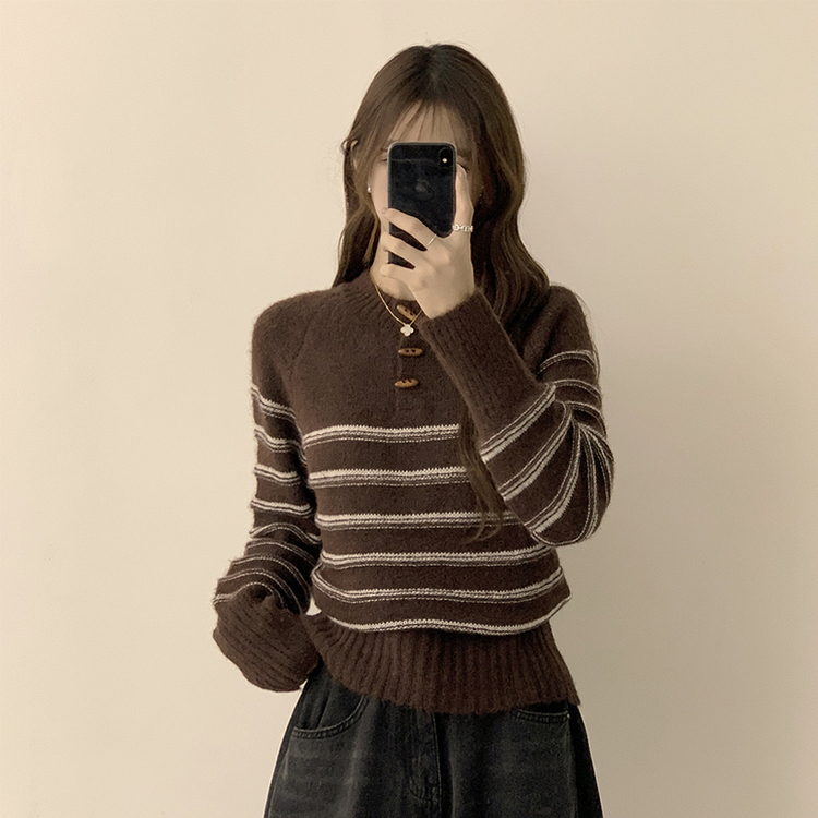 ラウンドデイリーストライプカーディガン BROWN