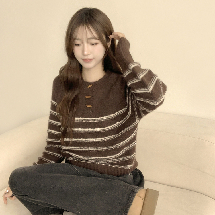 ラウンドデイリーストライプカーディガン BROWN