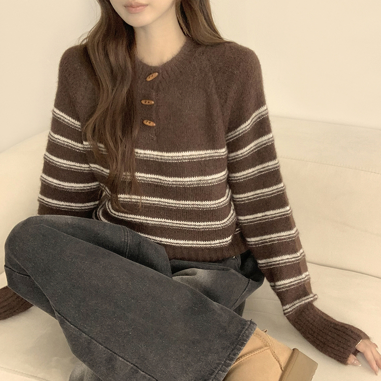 ラウンドデイリーストライプカーディガン BROWN